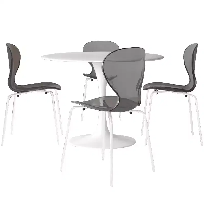 LeisureMod Bristol 5-Piece Dining Set Round Dining Table, 4 Plastic Dining Chairs White Legs