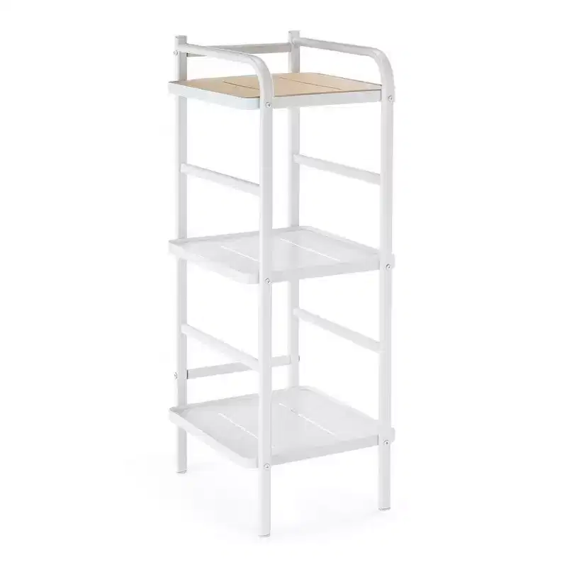 White 3-Shelf Freestanding Steel & Bamboo Storage Rack