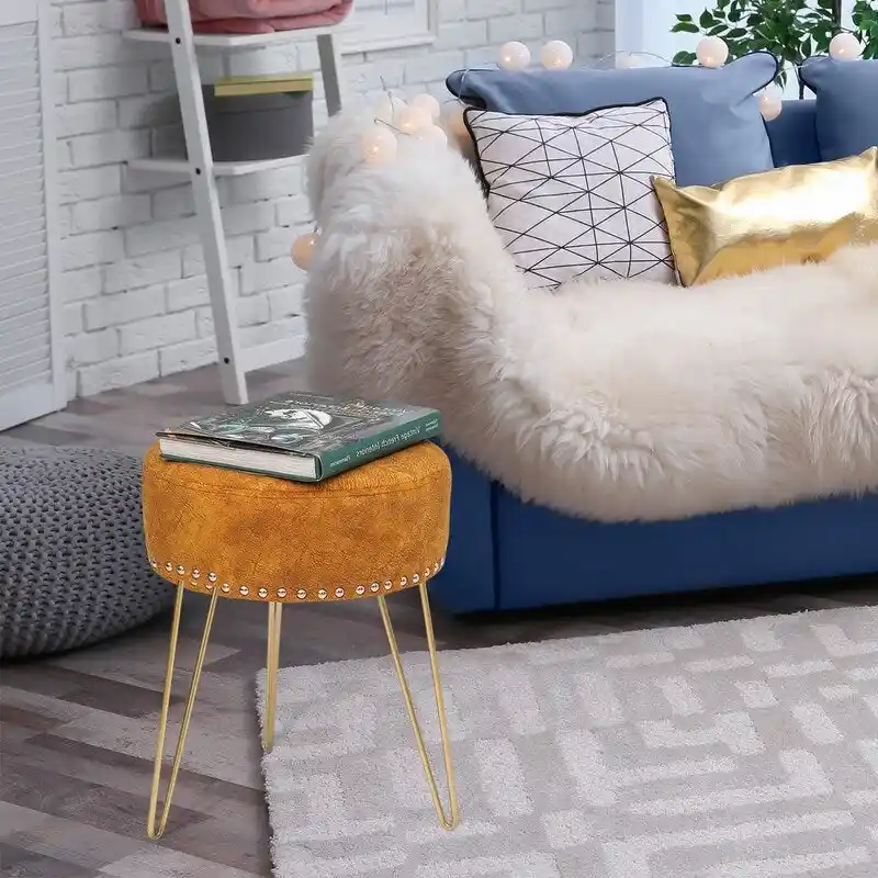 Adeco Round Footstool Ottoman Velvet Dressing Stool Gold Metal Legs