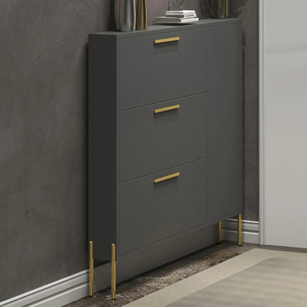 3-Tier Narrow Dark Gray Drop-Front Wood Shoe Cabinet