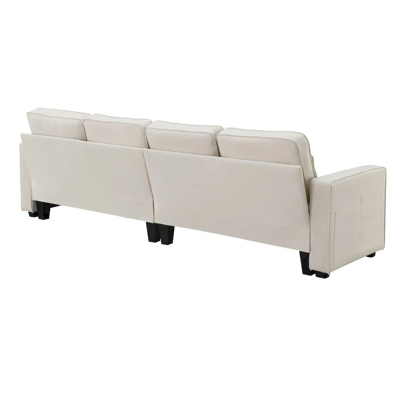 104 4-Seater Modern Linen Fabric Sofa with Armrest Pockets and 4 Pillows
