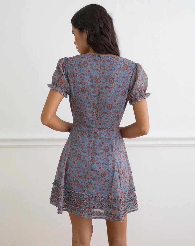 Koharu Mini Dress in Shadow Blossom Blue Chiffon