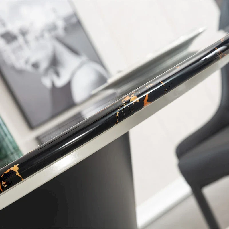 Black Marble Printed MDF Round Dining Table, Black Columnar Base with Gold Annulus(Not Including Chairs)