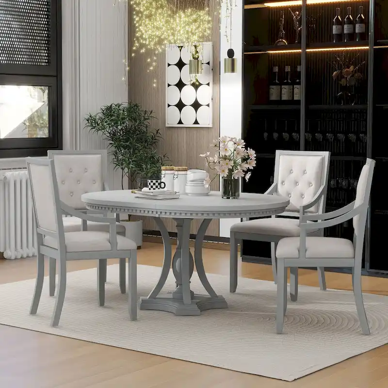 Retro 5-piece Dining Set with Extendable Round Table and 4 Chairs