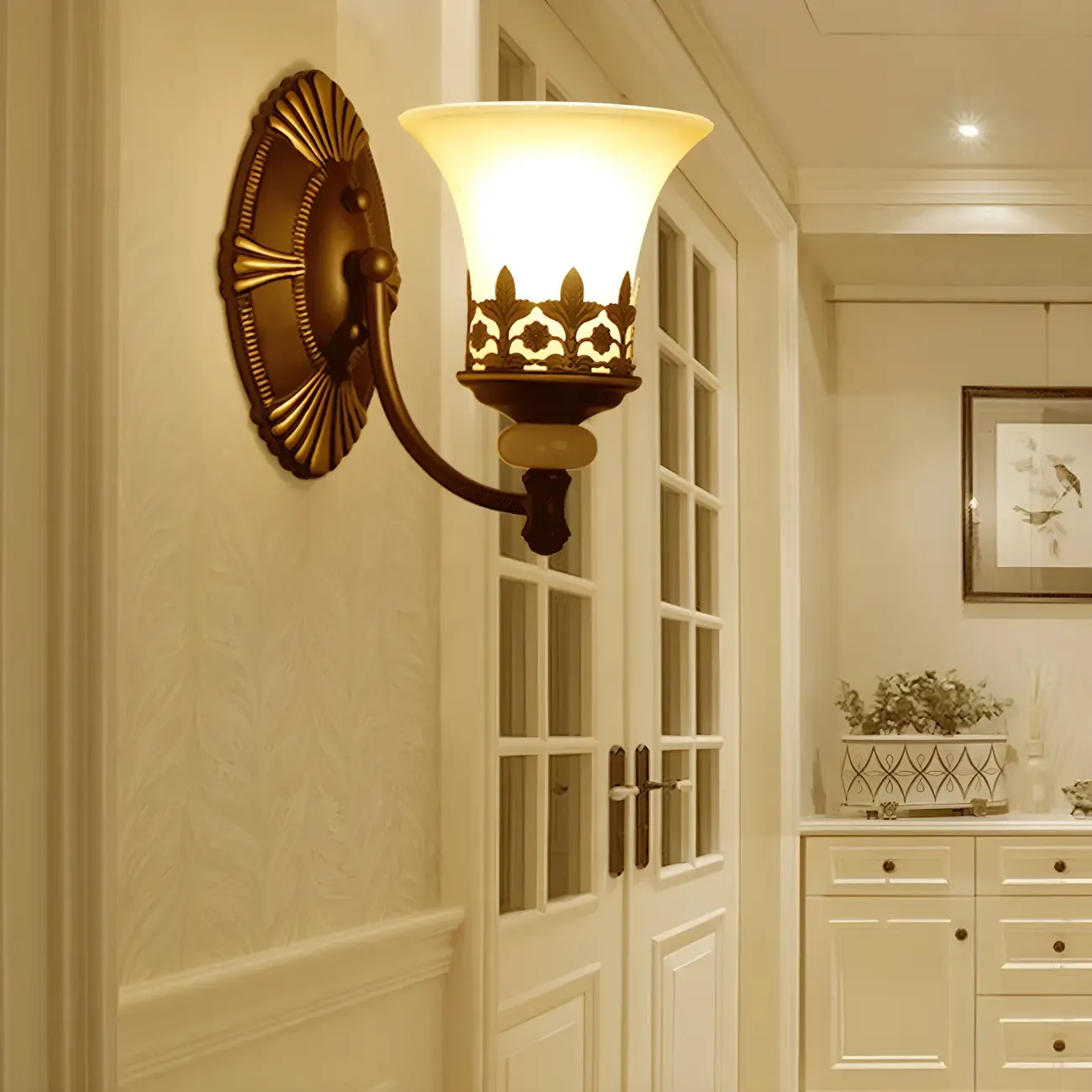 Dark Brown Metal Filigree Retro Flared Glass Wall Sconce