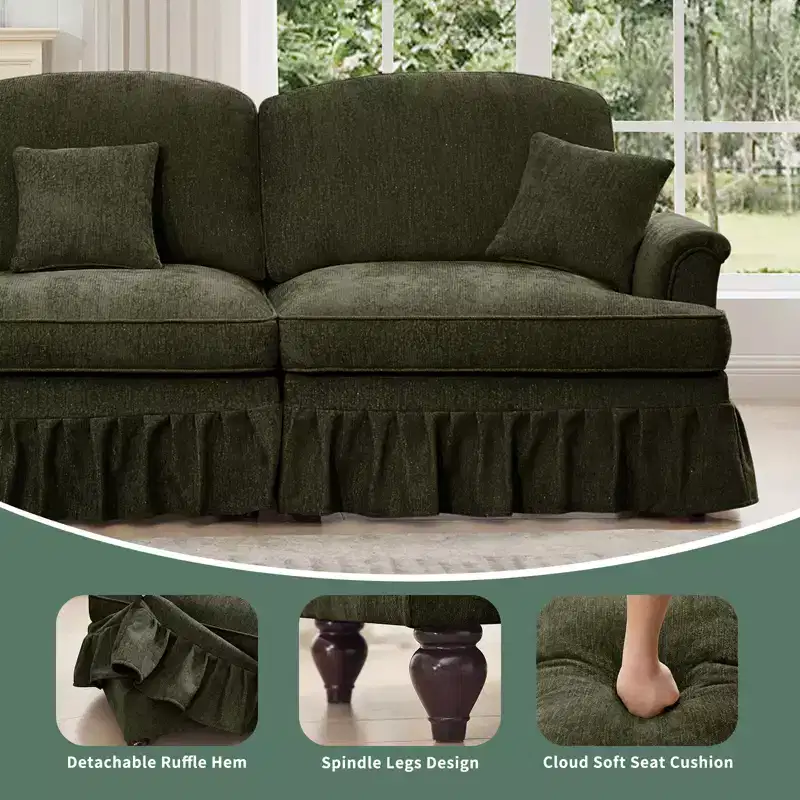 MooxvMoo 107in Chenille Midcentury Modern Sofa U Shaped Couch, with Detachable Ruffle Hem, Sectional Couches W/ Throw Pillows & 2 Ottoman, Green