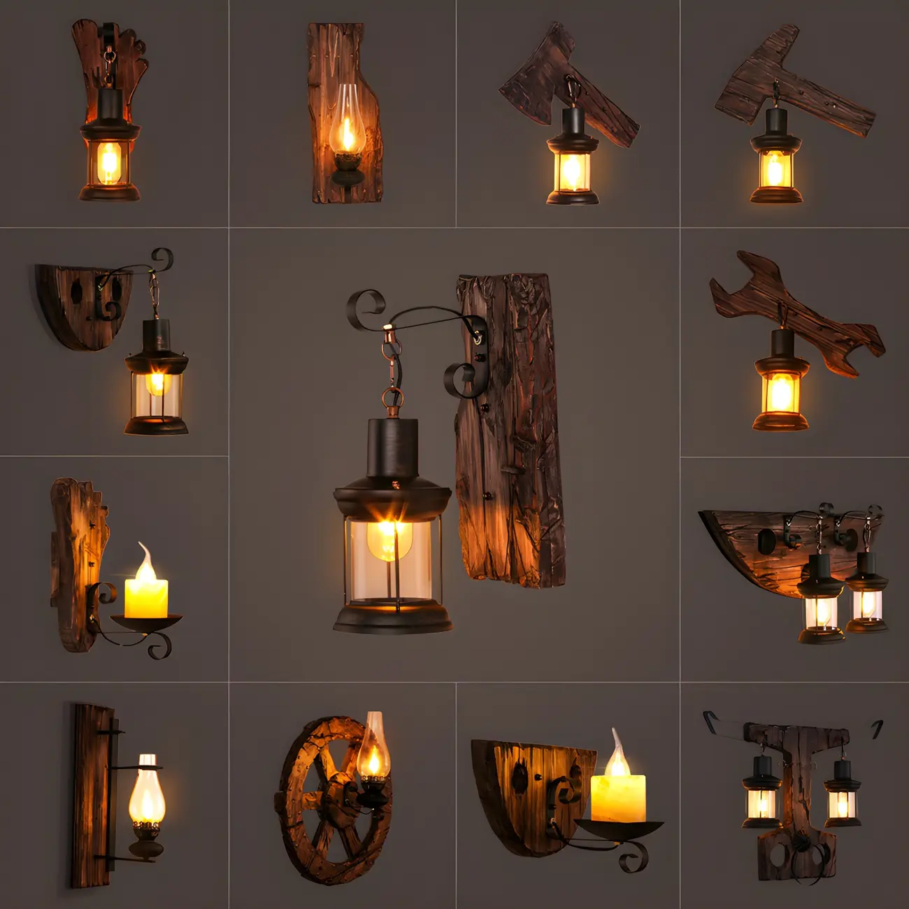 Industrial Distressed Wood Glass Black Wall Lantern Light