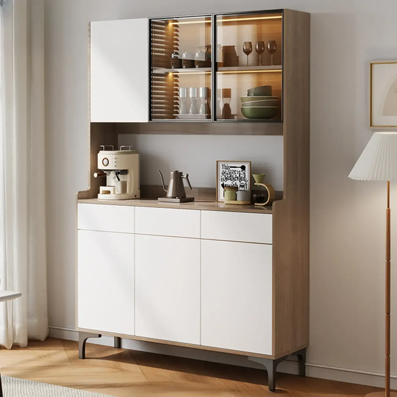 Large Wood Glass Doors Cabinet Sideboard with Hutch Top