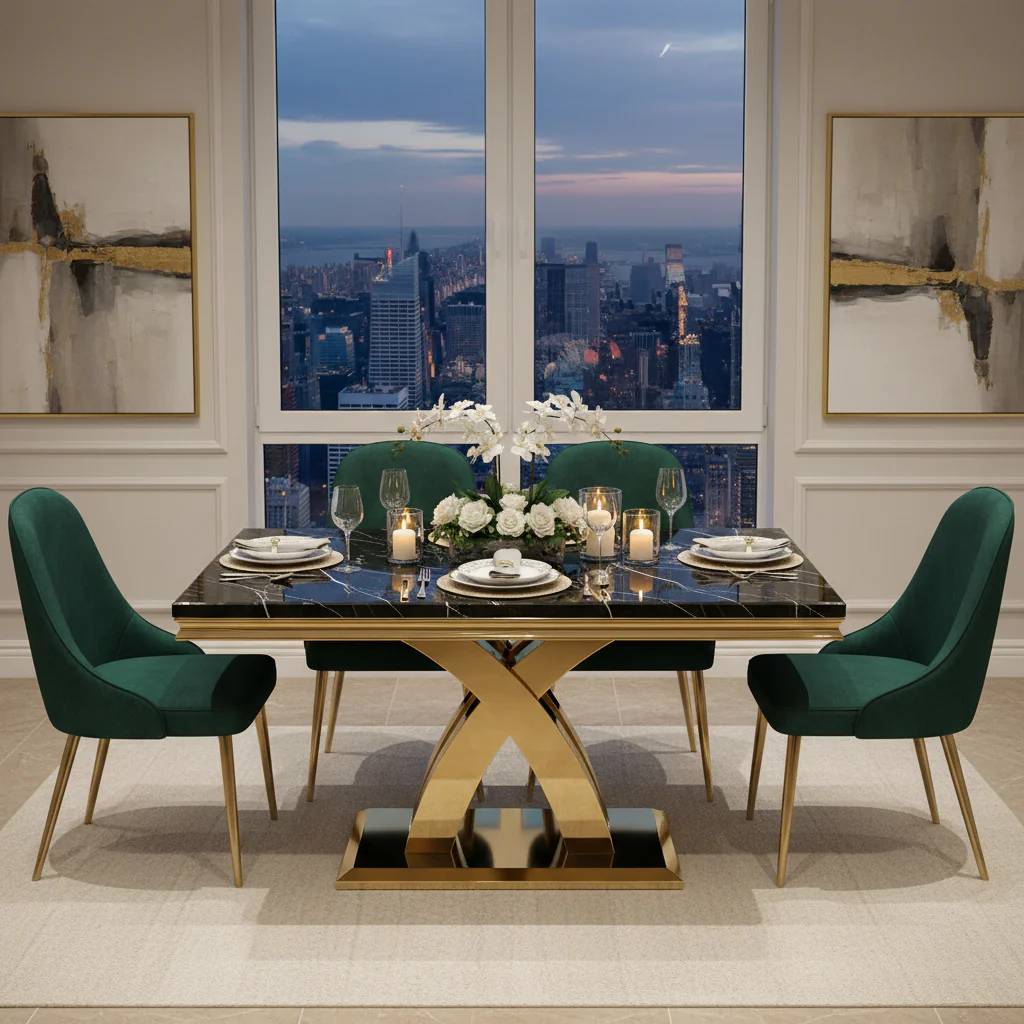 Black and Gold Dining Room Table with 65-inch top and Gold Polished Stainless Steel Metal Double X Base