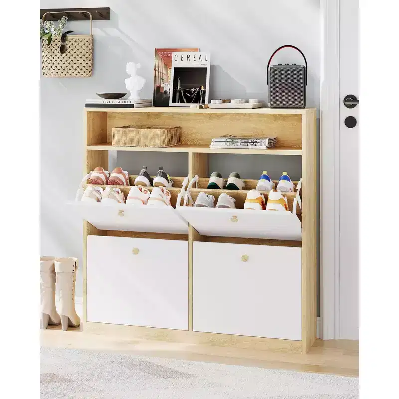 Brown Wood 4-Drawer Shoe Cabinet, Freestanding, for Adults