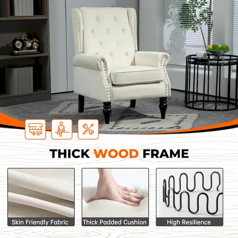 Mid-Century Velvet/Leather Upholstered Tufted Wood Frame Armchair