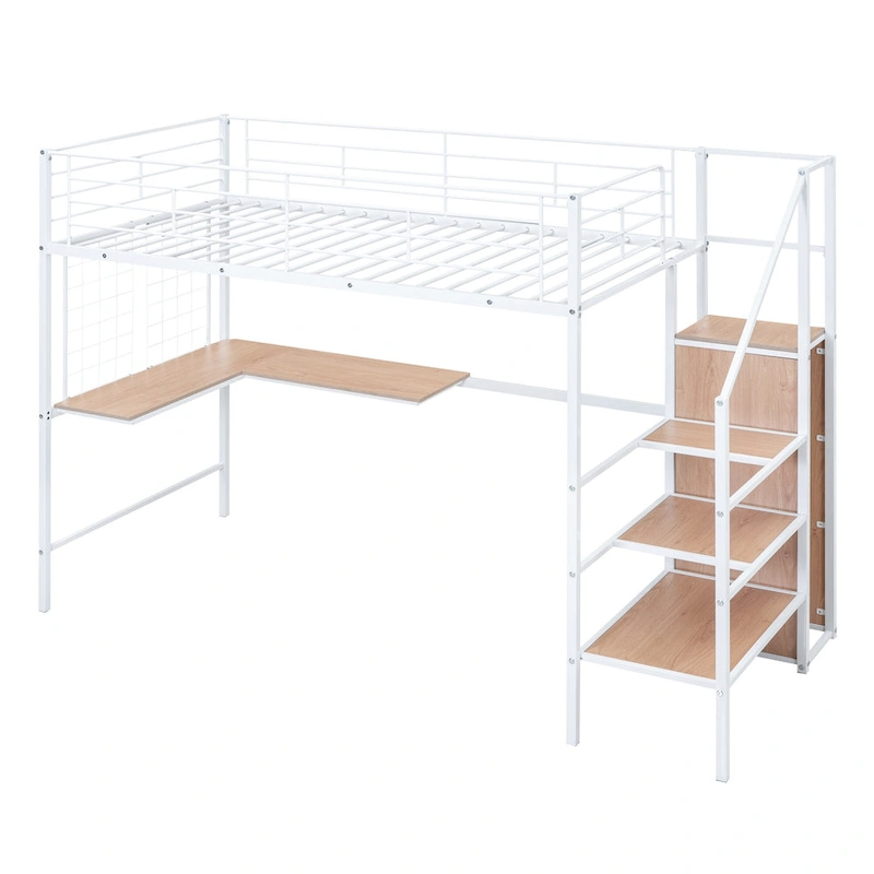 Twin Size Metal Loft Bed with Desk & Metal Grid, Stylish Metal Frame Bed with Lateral Storage Ladder & Wardrobe, Black