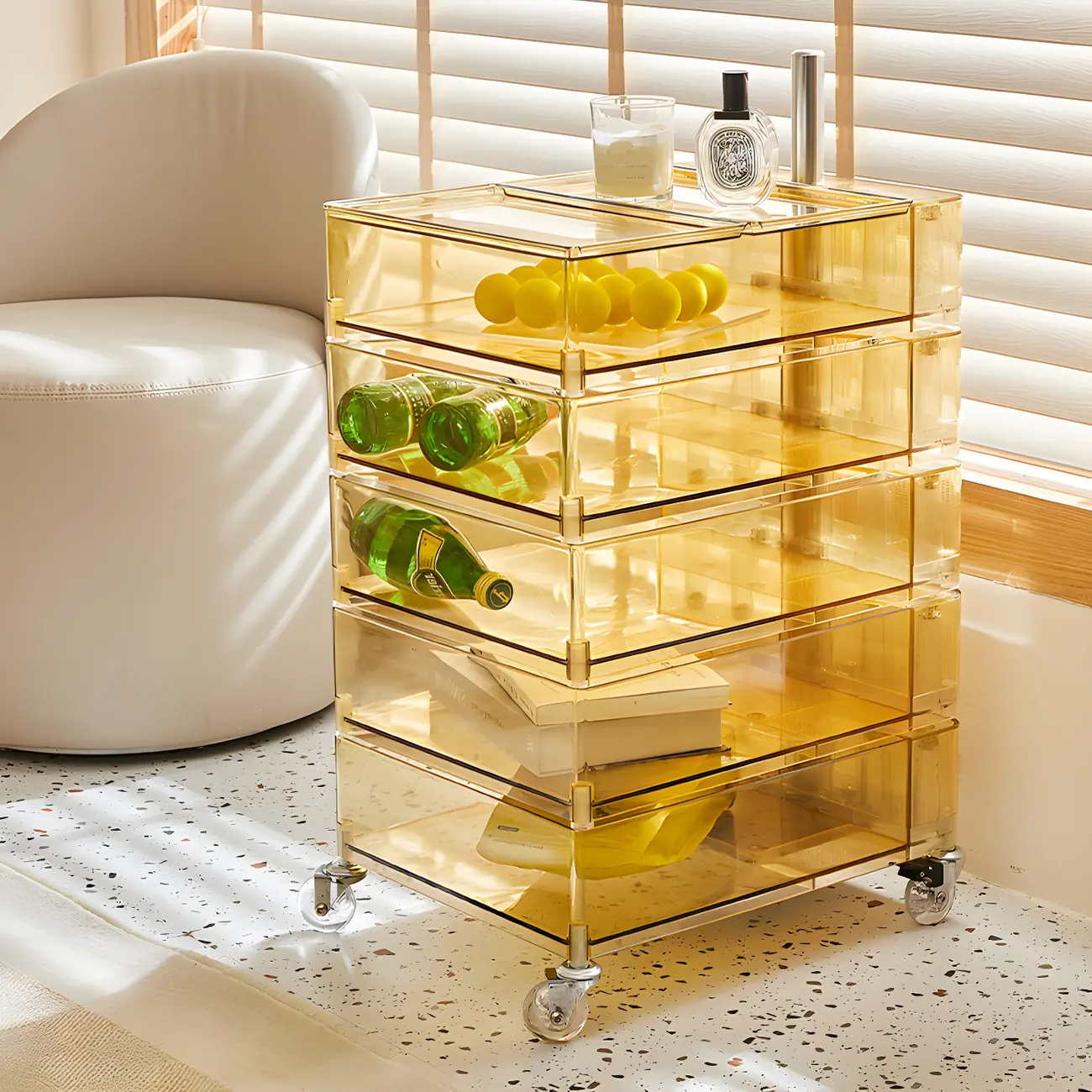 Vibrant Yellow Transparent Nightstand with Drawers and Wheels