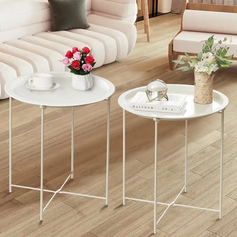 Modern Side Table with Round Removable Tray, Beige