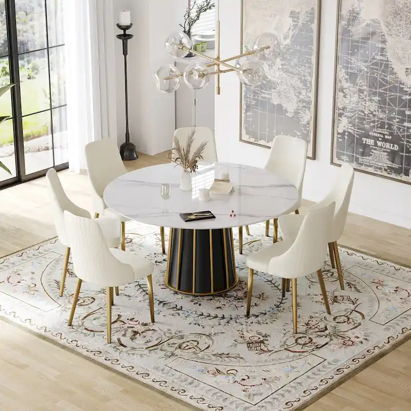 59 White Round Dining Table with Lazy Susan, Sintered Stone Tabletop - N/A