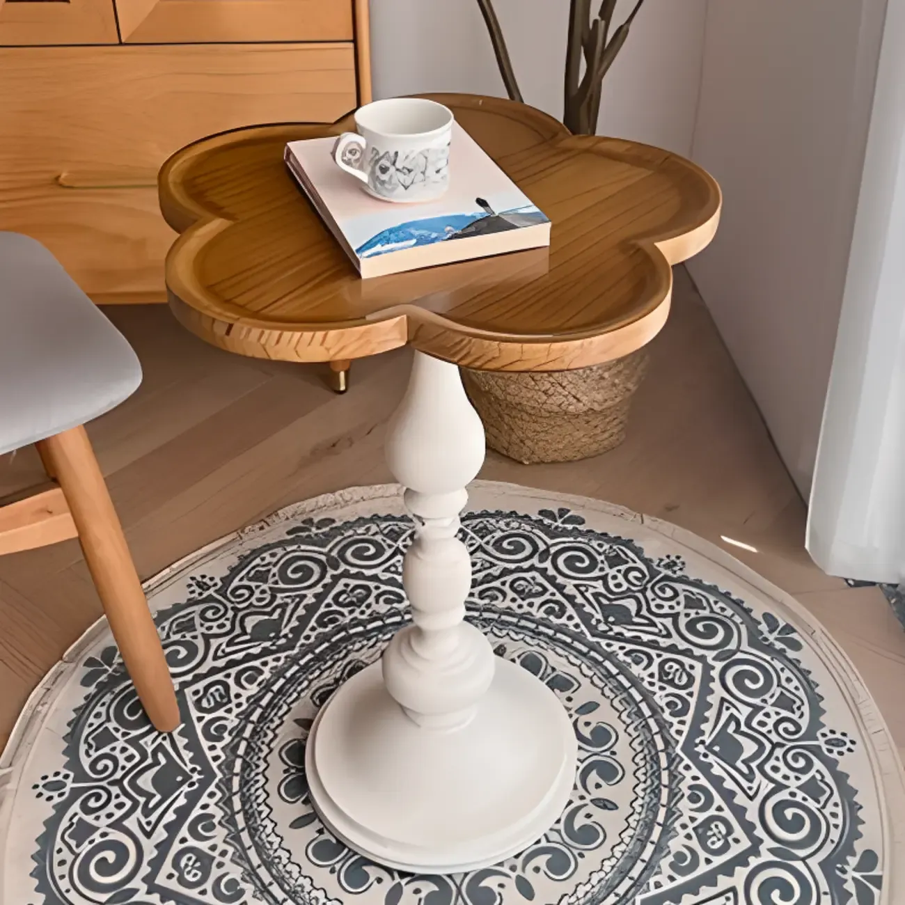 Classic Brown-White Wood Round Pedestal Chairside Table