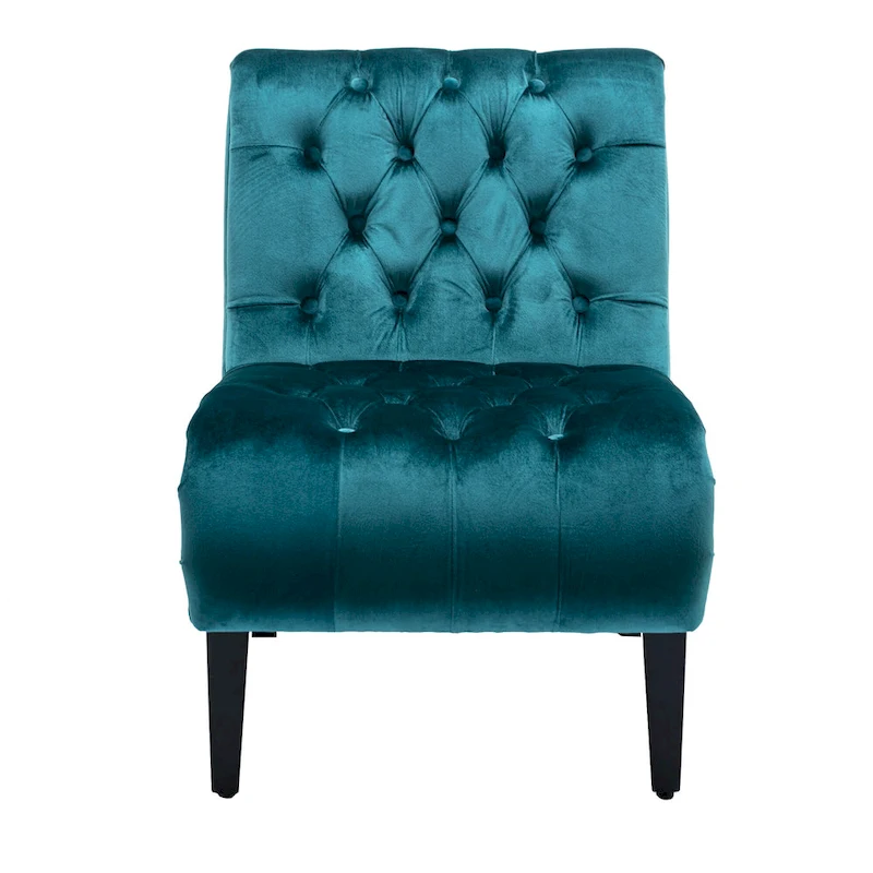 Velvet Armless Accent Chair with Wooden Legs and Thick Cushioned Seat