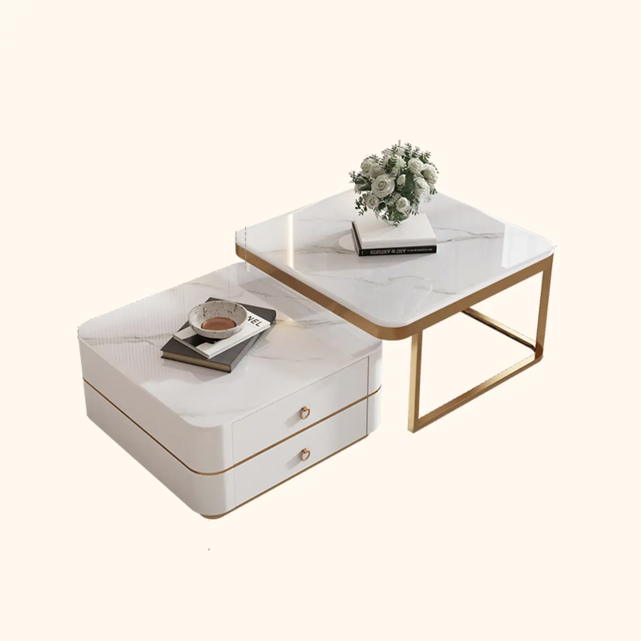 Modern Rectangular Marble Coffee Table Set with Drawers