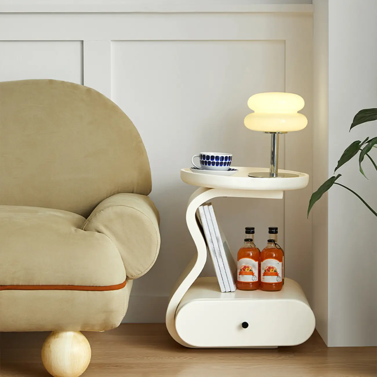 White Round Elegant Modern Wood Drawer Coffee Table