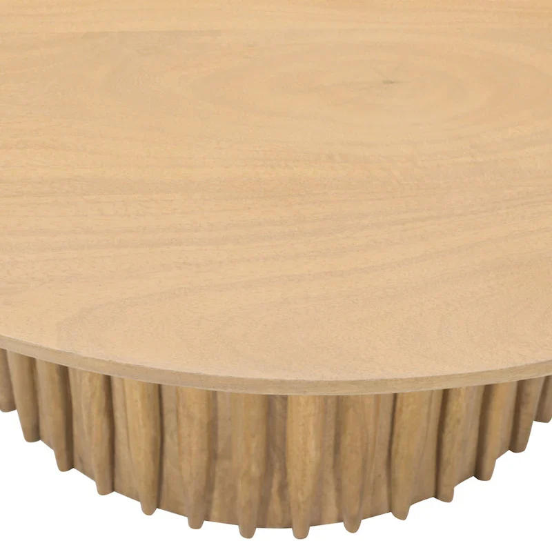 Sejo Coffee Table, 34 Inch Round Top with Fluted Base in Natural Brown Mango Wood