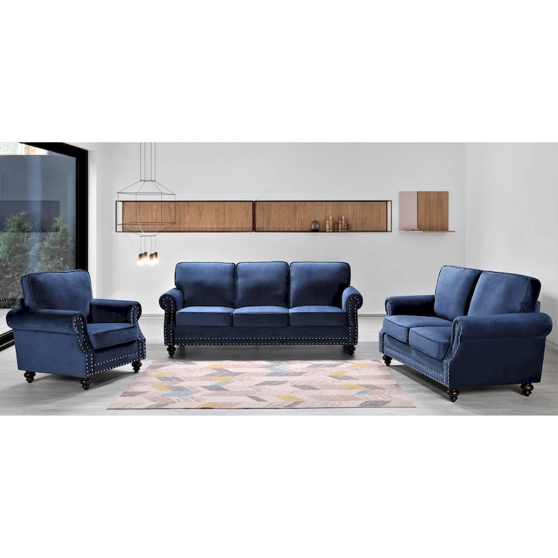 Ramos Nailhead Velvet 3-Piece Set-Loveseat Sofa and Chair