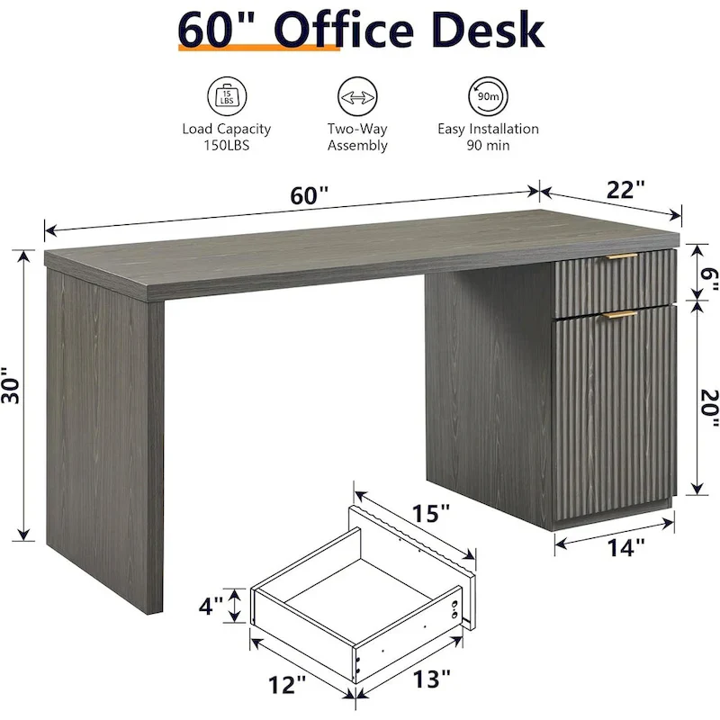 60 Modern Executive Desk, Wood Home Office Desk, Fluted Computer Desk