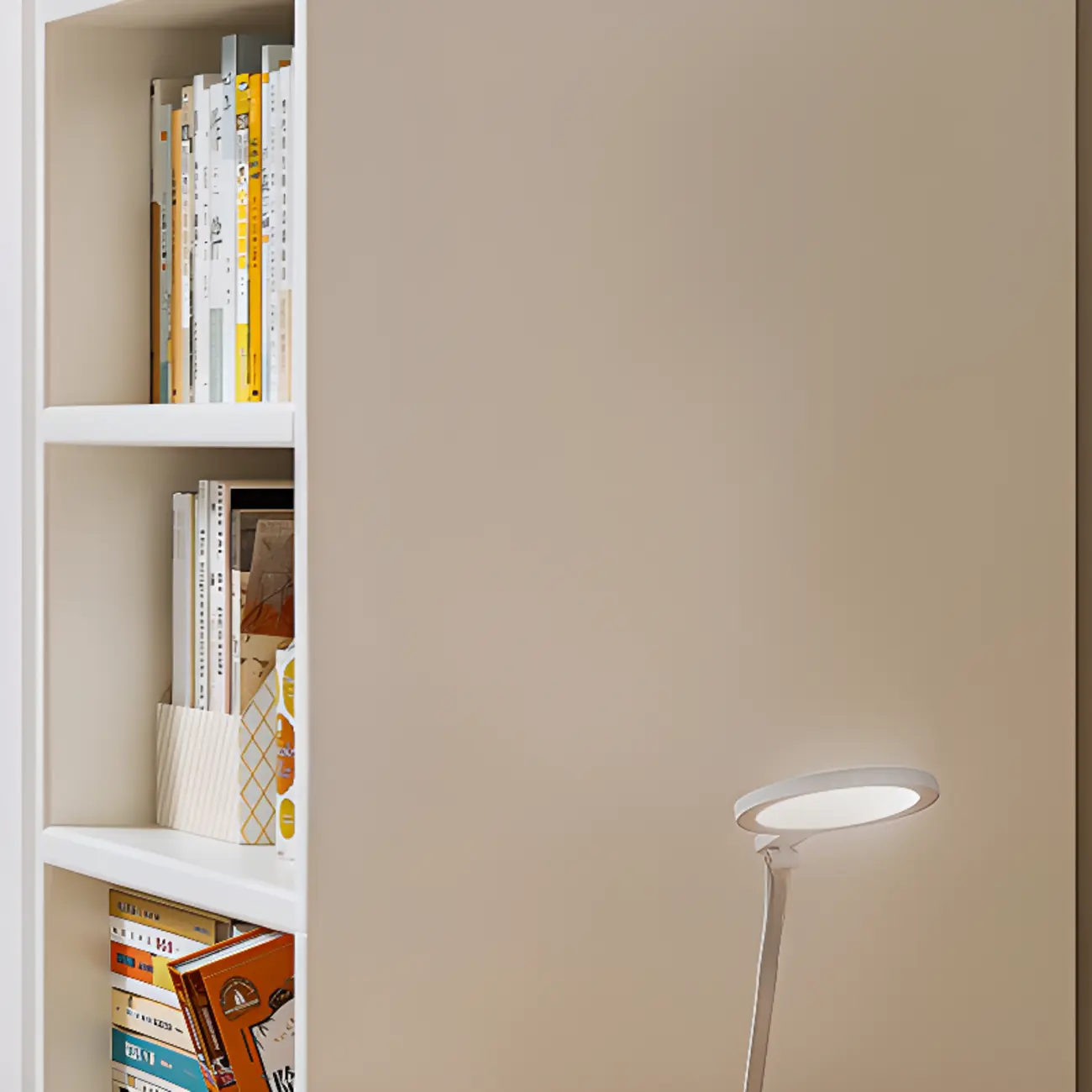 Narrow 6-Shelf White Wooden Bookcase with Cabinet