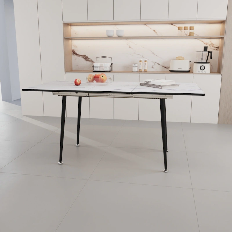 Modern Minimalist Dining Table with Extendable Marble Patterned Matte Legs for Kitchen Living Room or Gatherings
