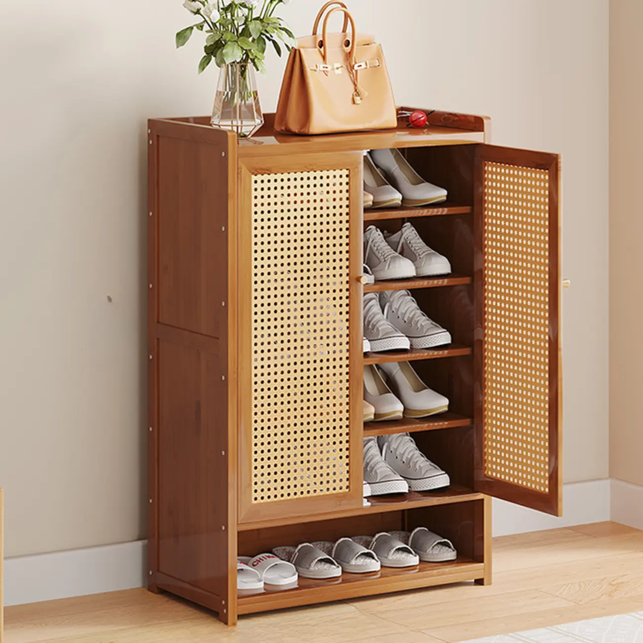 Bohemian Bamboo Entryway Shoe Cabinet with Rattan Doors