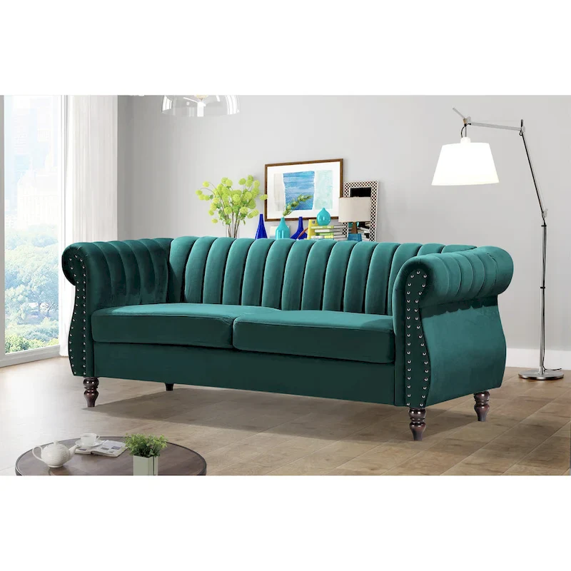 Velvet Chesterfield Rolled Arm Sofa
