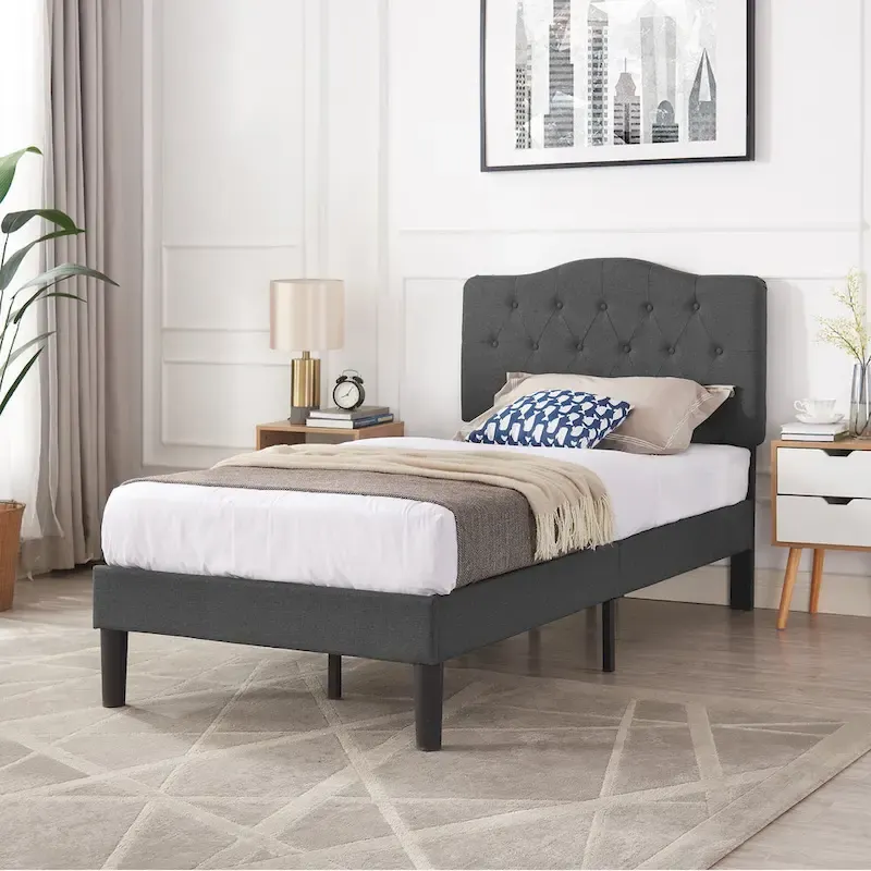 VECELO Modern Upholstered Bed with Height Adjustable Tufted Headboard ,Dark Grey