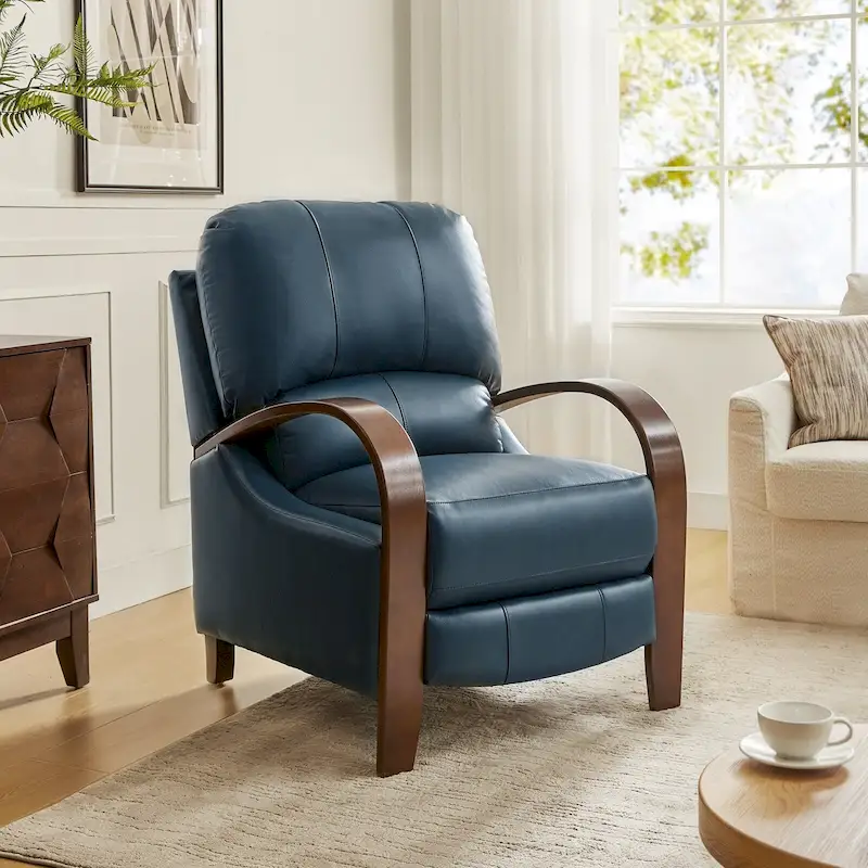 Alex Mid-century Modern Cigar Genuine Leather Manual Recliner with Wooden Curved Arms