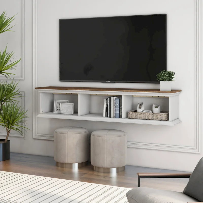 DH BASIC Transitional White 63-Inch 3-Shelf Floating TV Stand by Denhour