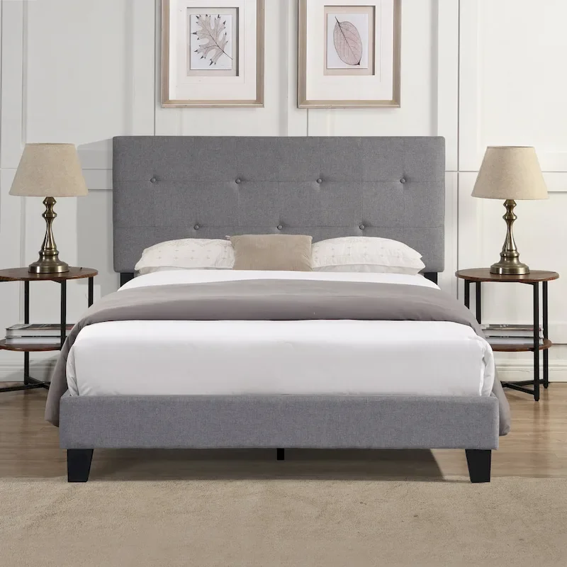 Gray Queen Upholstered Platform Bed with Linen Fabric Headboard and Slat Support