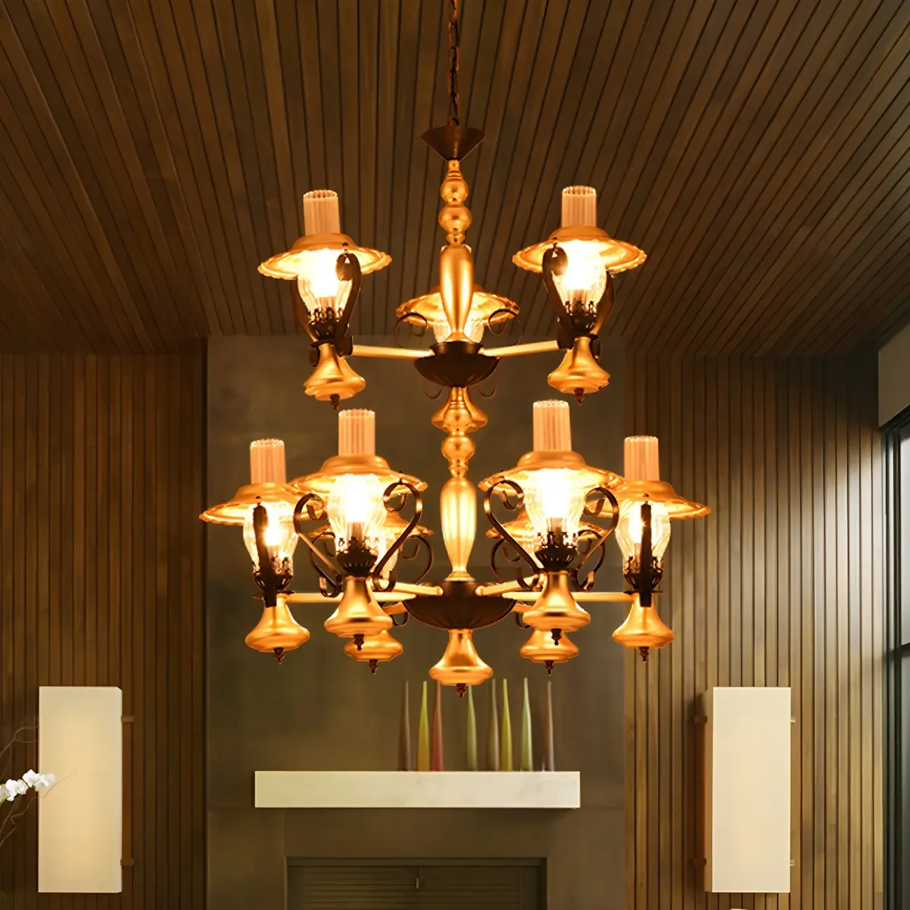 Gold Lantern Hanging Chandelier Vintage 9 Lights Clear Ribbed Glass Living Room Pendant Light Kit with 2-Tier Design