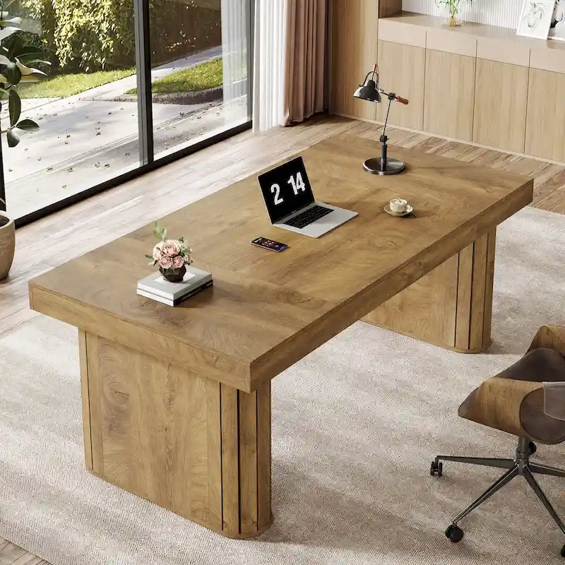 70.9  Executive Desk, Farmhouse Computer Desk, Large Workstation for Home Office, Brown