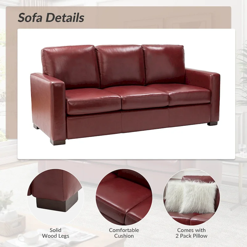 Ernando 83.46 Wide Genuine Leather Sofa with Squared Arms and Pillows