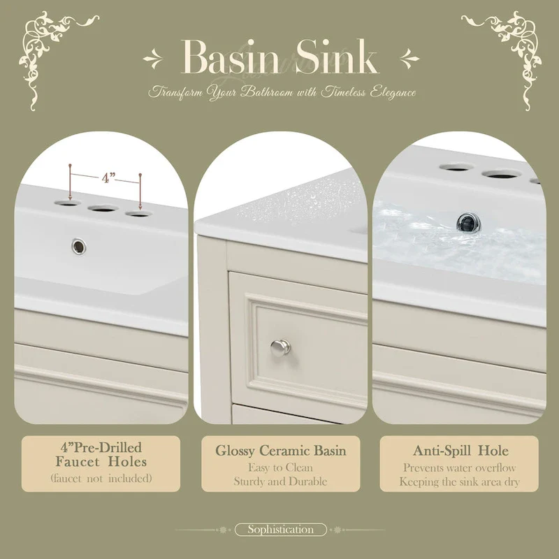 36 Bathroom Vanity Cabinet with Sink Combo Set, Undermount Ceramic Sink, Free Standing Vanity Set with 4 Drawers