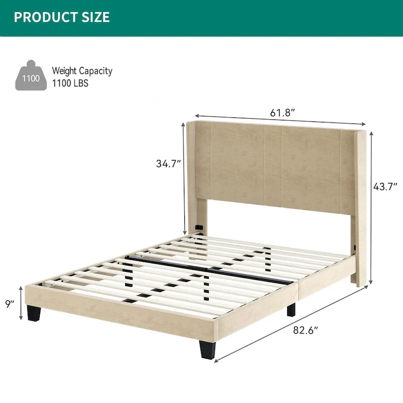 Queen Upholstered Bed Frame with Beige Velvet Headboard and Wingback