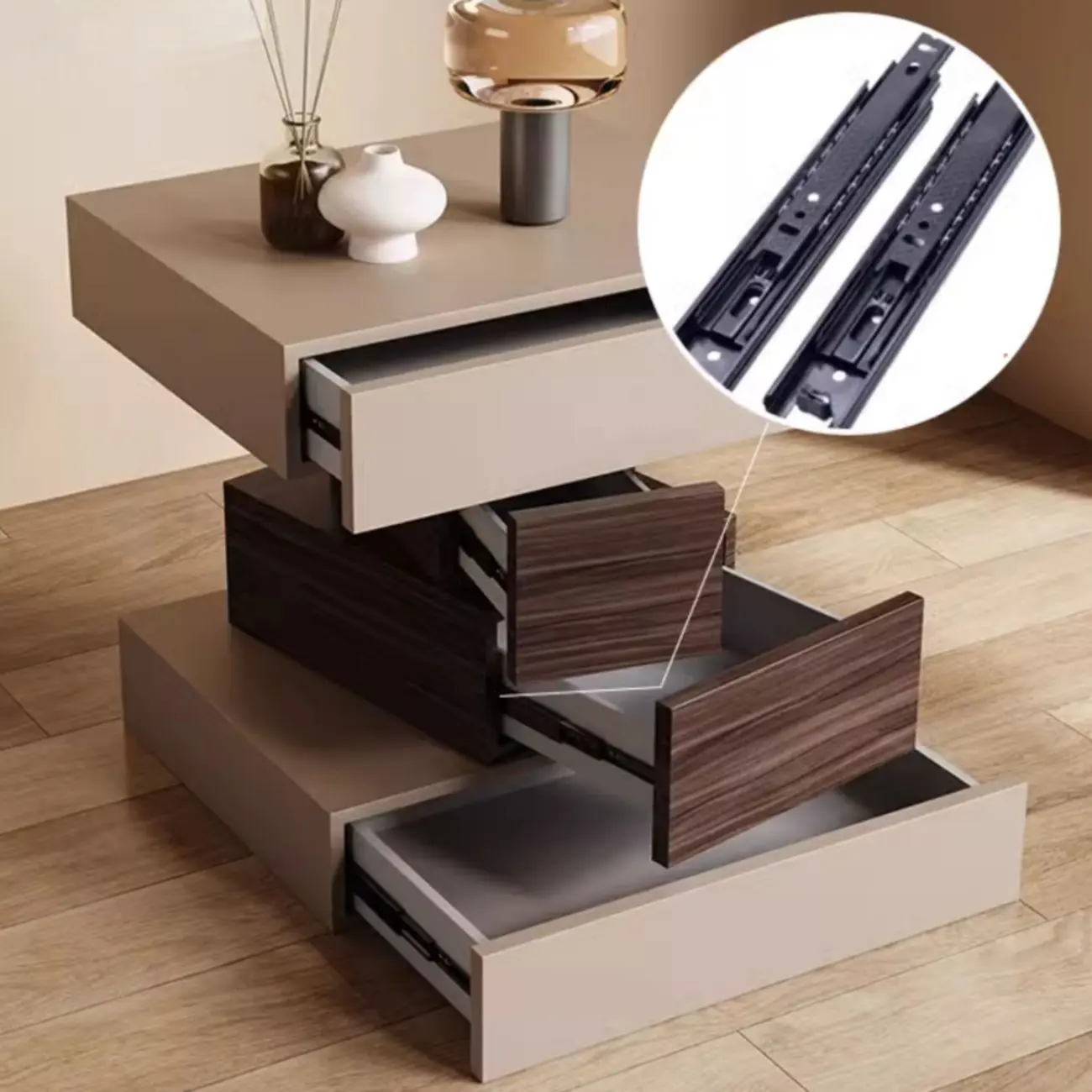 Narrow 4 Drawers Leather Top Walnut Nightstand