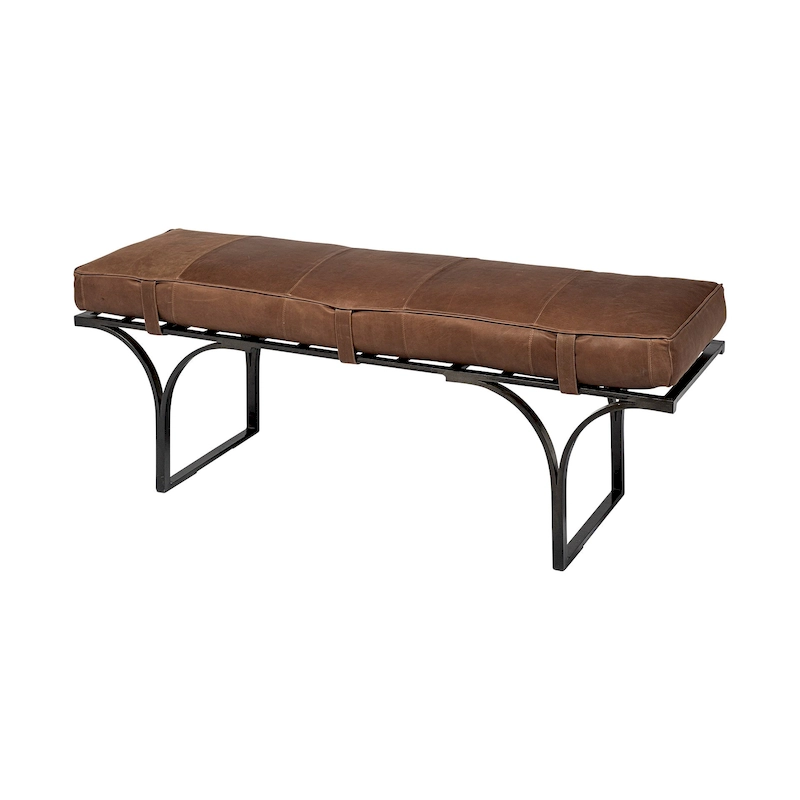 Jessie 55L x 16W Brown Leather Seat W/Black Metal Base Accent Bench - 55.0L x 16.0W x 19.0H