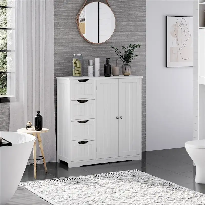 White Bathroom Storage Cabinet with 4 Drawers and Cupboard – Single Unit