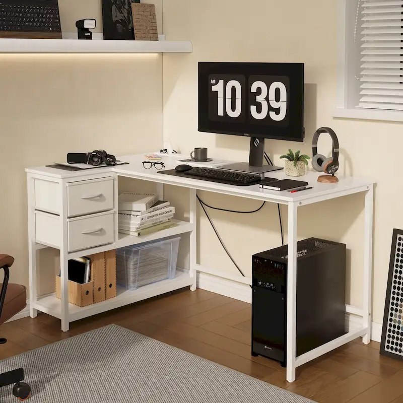 L Shaped Computer Desk with Charging Station Reversible Corner PC Desk with Drawer