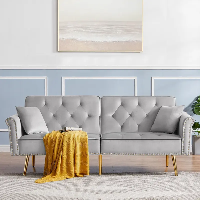 Velvet Tufted Sofa Couch with 2 Pillows and Nailhead Trim