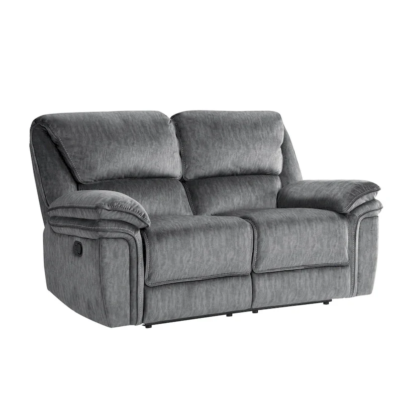 Muir 65 Inch Manual Recliner Loveseat, Tufted Gray Microfiber, Solid Wood