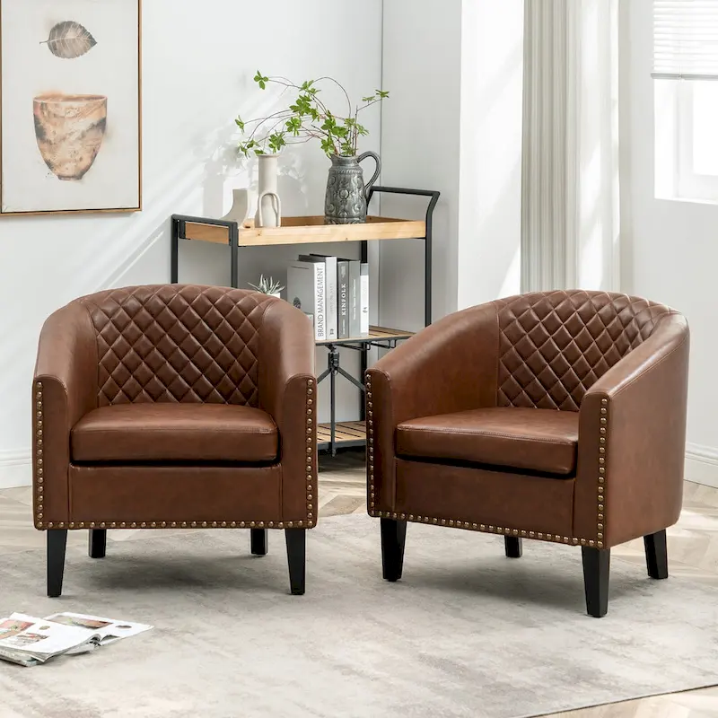 KINWELL 29  PU Faux Leather Club Armchair with Nailheads, Set of 2