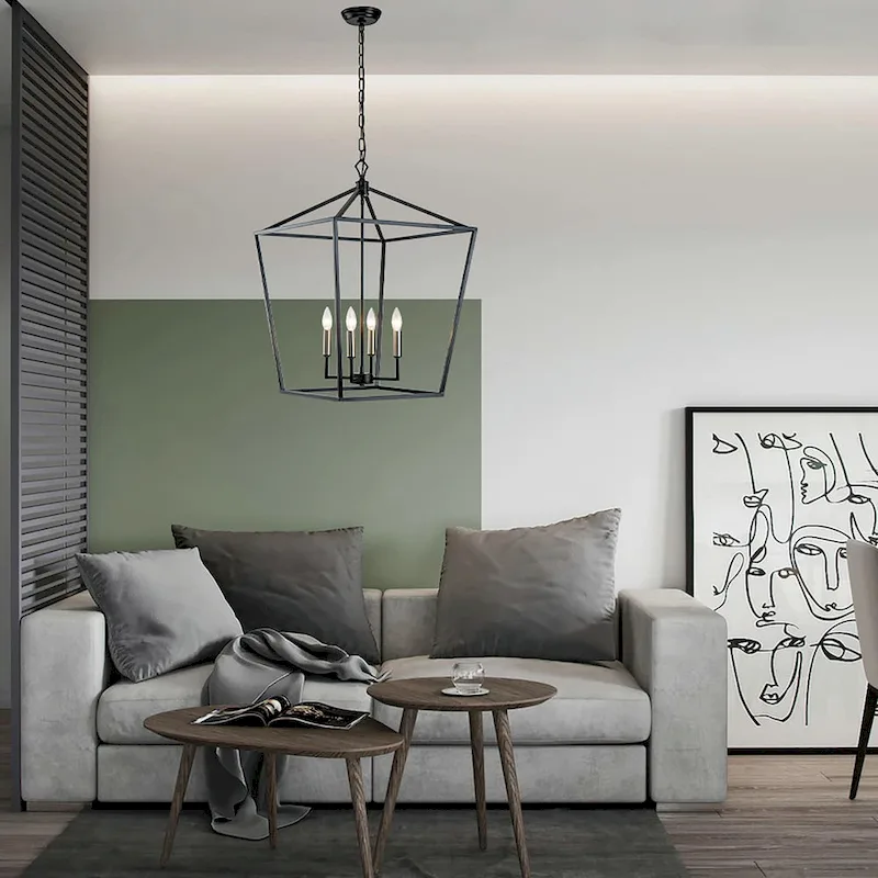 4-Light Matte Black Lantern Pendant Chandelier 20 in with Nickle or Black Sleeve