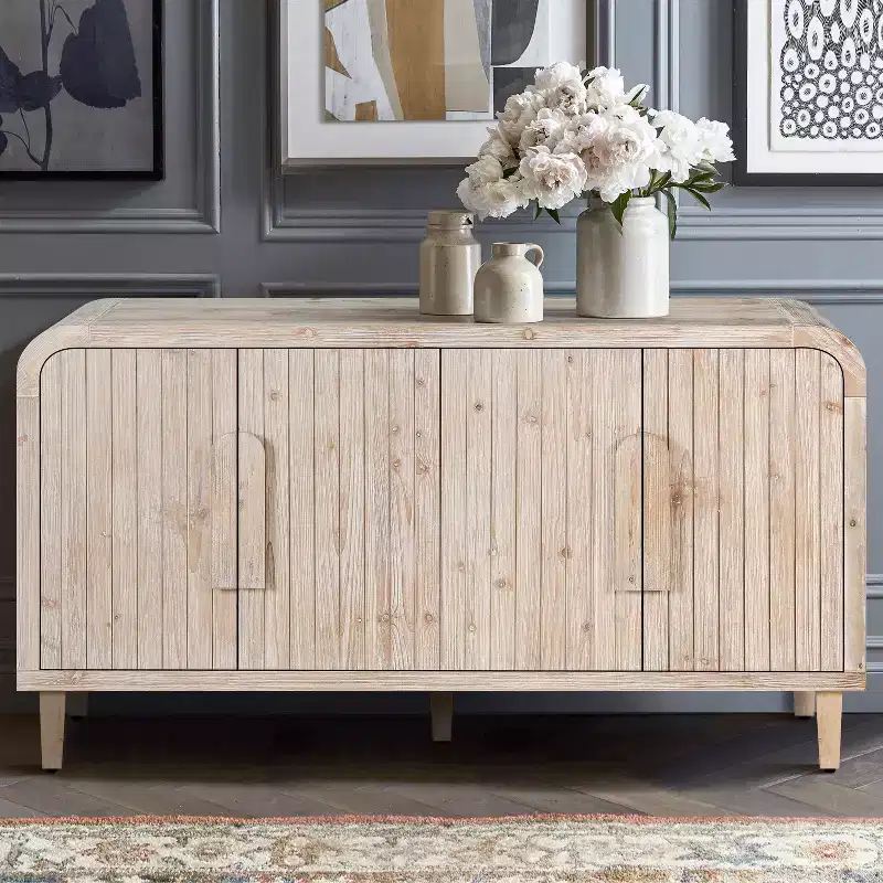 59-inch farmhouse-style storage sideboard with wooden handles, woodgrain carvings and adjustable shelves, suitable for kitchens, white