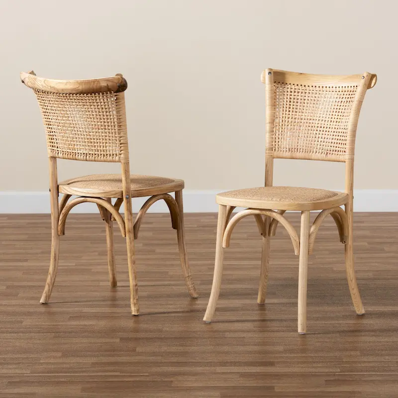 Fields Mid-Century Woven Rattan and Natural Wood Dining Chair Set (2PC)