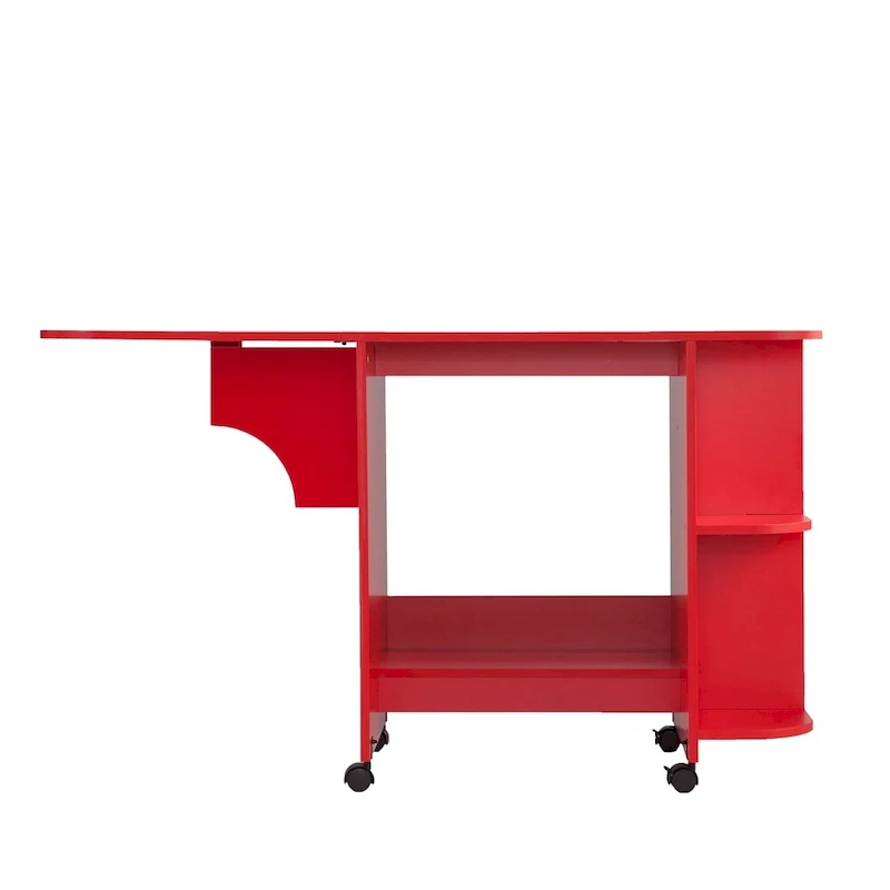 Farmhouse Red Foldable Rolling Sewing Table with Side Shelves